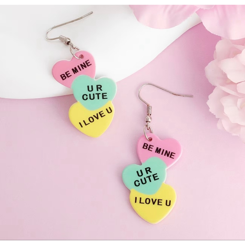Conversation Heart Candy Dangle Earrings – “Be Mine” Valentine Statement Earring